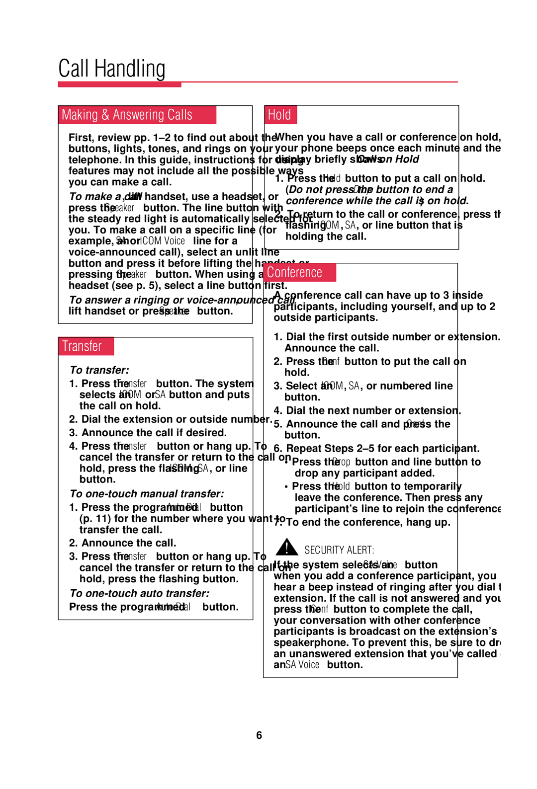 Lucent Technologies MLX-10D, MLX-20L, MLX-28D manual Call Handling, Making & Answering Calls, Transfer, Hold, Conference 