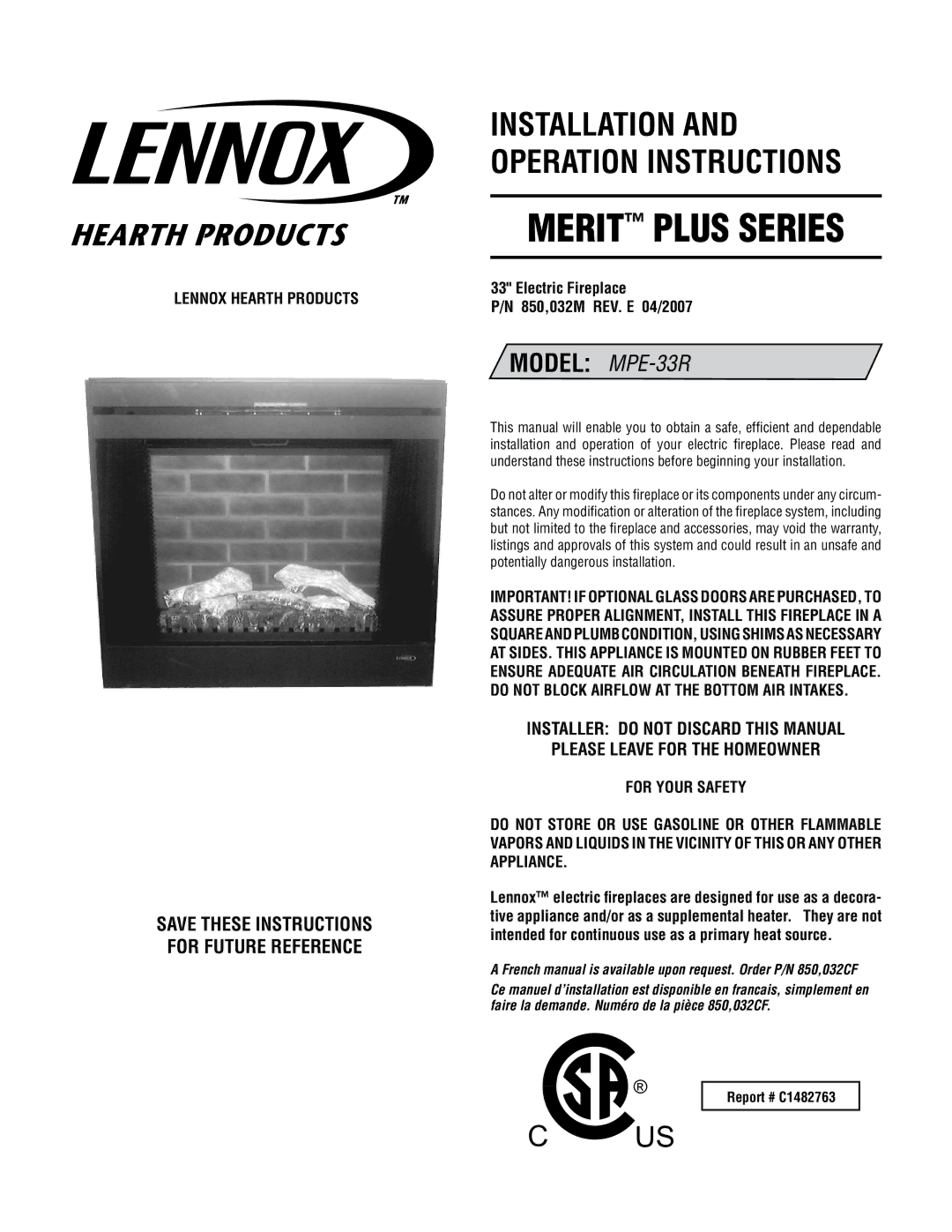 Lucent Technologies MPE-33R warranty Electric Fireplace 850,032M REV. E 04/2007, Report # C1482763 