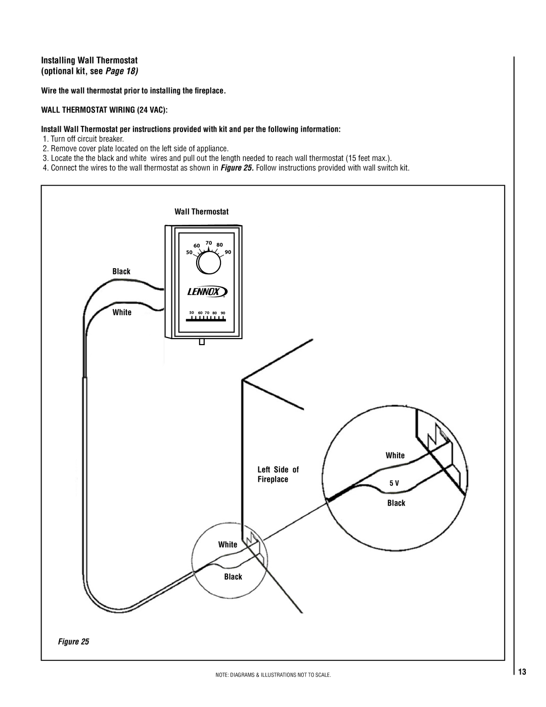 Lucent Technologies MPE-33R warranty Wall Thermostat Wiring 24 VAC, Black White, White Left Side Fireplace, White Black 