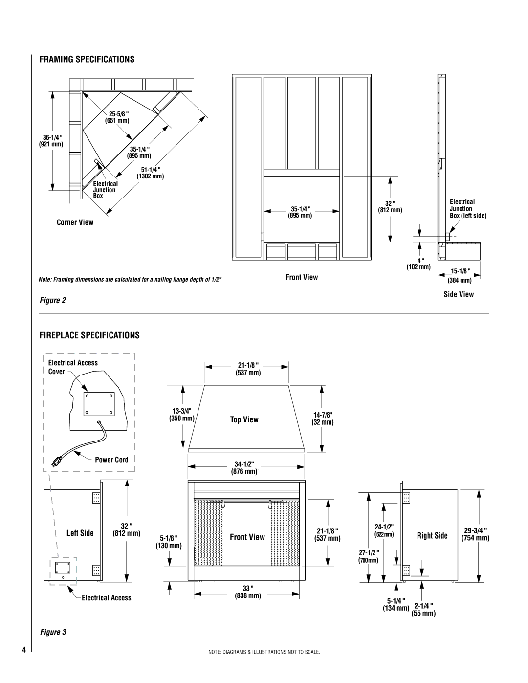 Lucent Technologies MPE-33R warranty Framing Specifications, Fireplace specifications, Left Side, Top View, Front View 