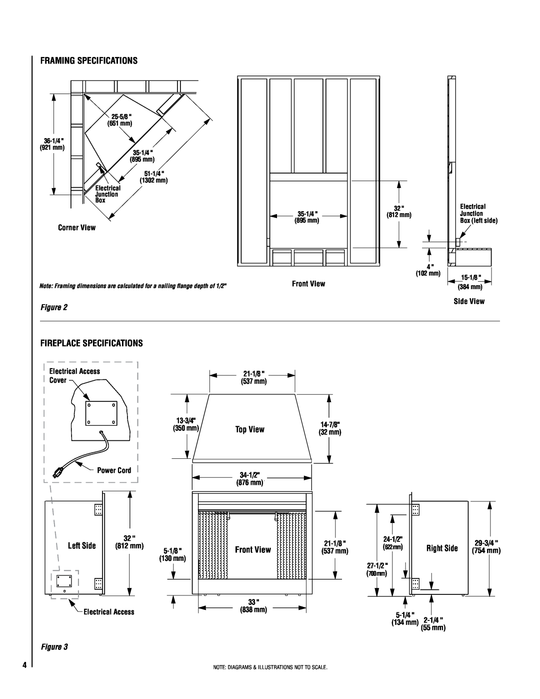 Lucent Technologies MPE-33R Framing Specifications, Fireplace specifications, Left Side, Top View, Front View, Corner View 
