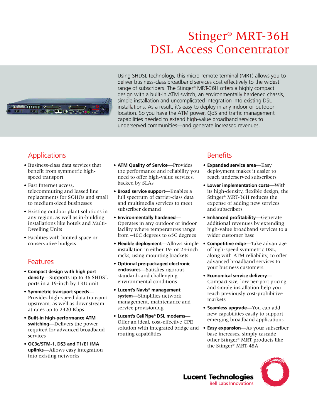 Lucent Technologies MRT-36H manual Applications, Features 