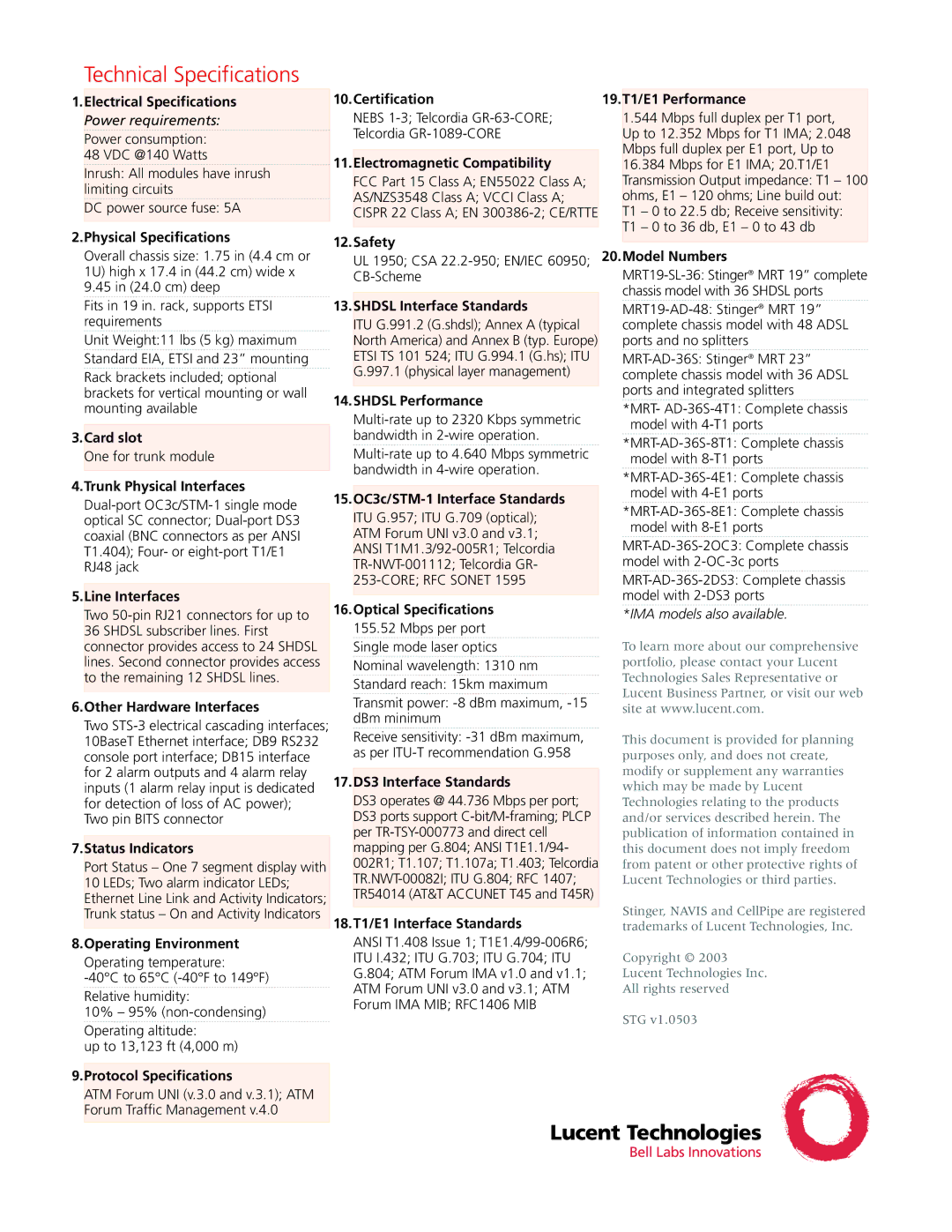 Lucent Technologies MRT-36H manual Technical Specifications 