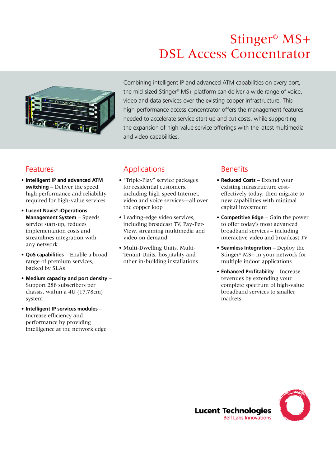 Lucent Technologies MS+DSL manual Features, Applications, Benefits, Intelligent IP services modules 