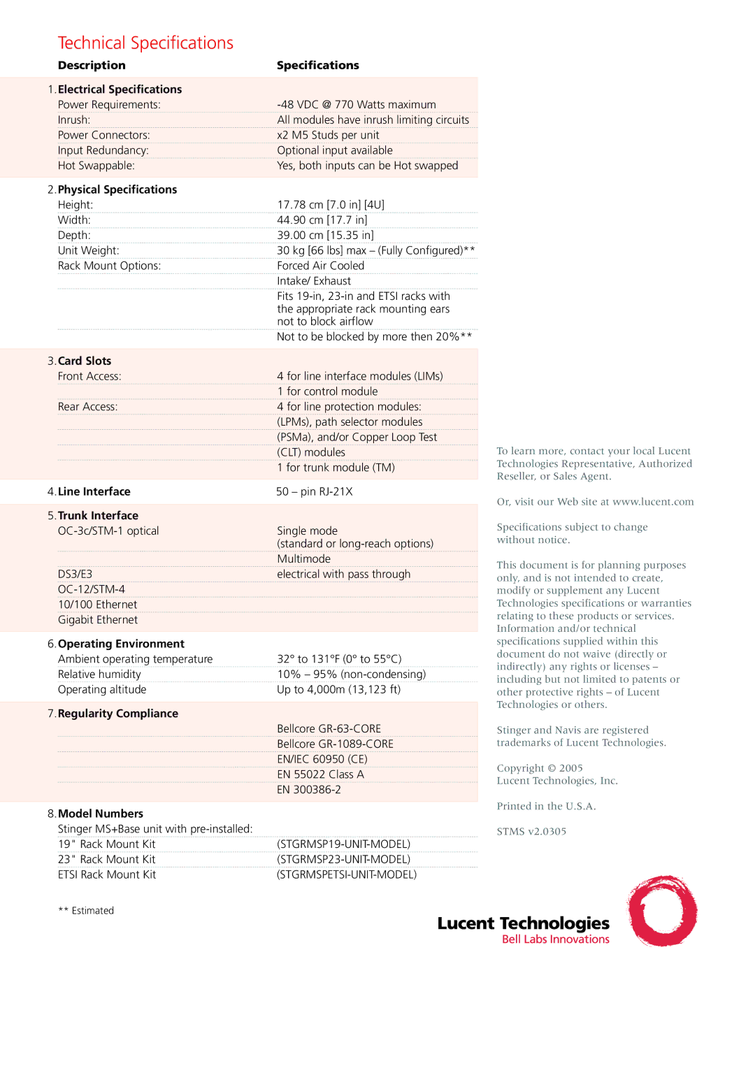 Lucent Technologies MS+DSL manual Technical Specifications 