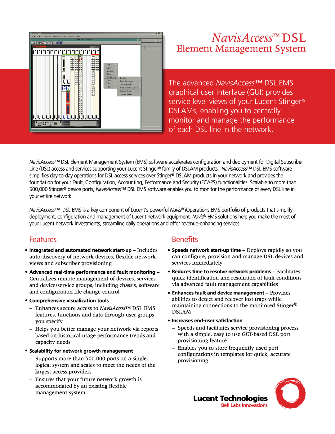 Lucent Technologies manual Features, Benefits, NavisAccess DSL, Element Management System 