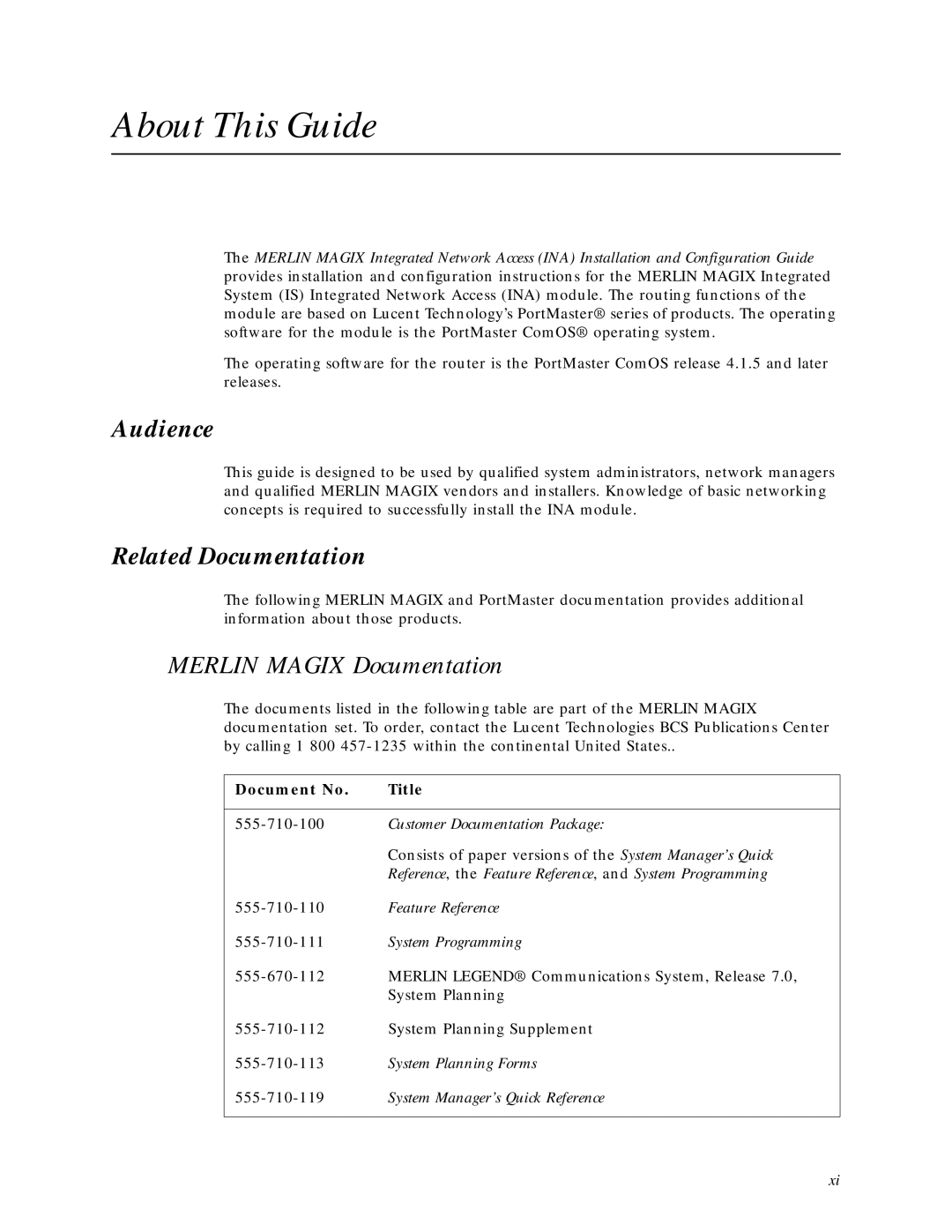 Lucent Technologies Network Access Module About This Guide, Audience, Related Documentation, Merlin Magix Documentation 