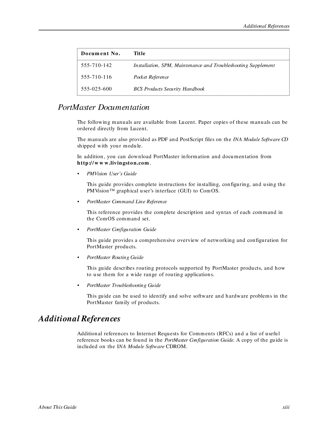 Lucent Technologies Network Access Module manual PortMaster Documentation, Additional References 