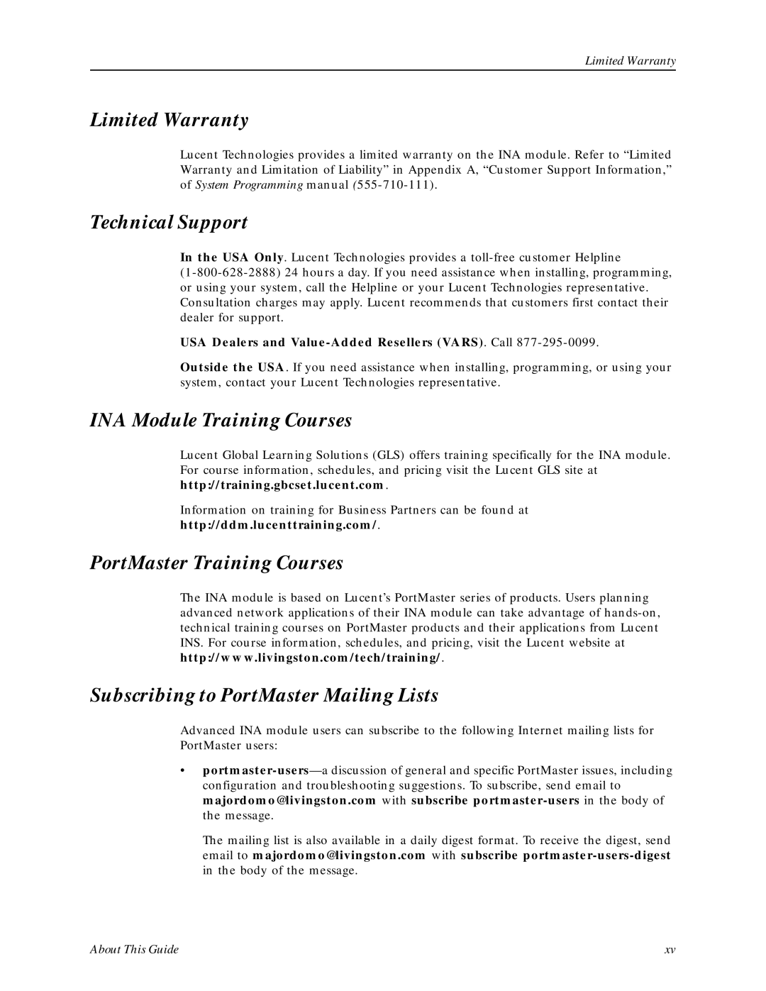 Lucent Technologies Network Access Module manual Limited Warranty, Technical Support, INA Module Training Courses 