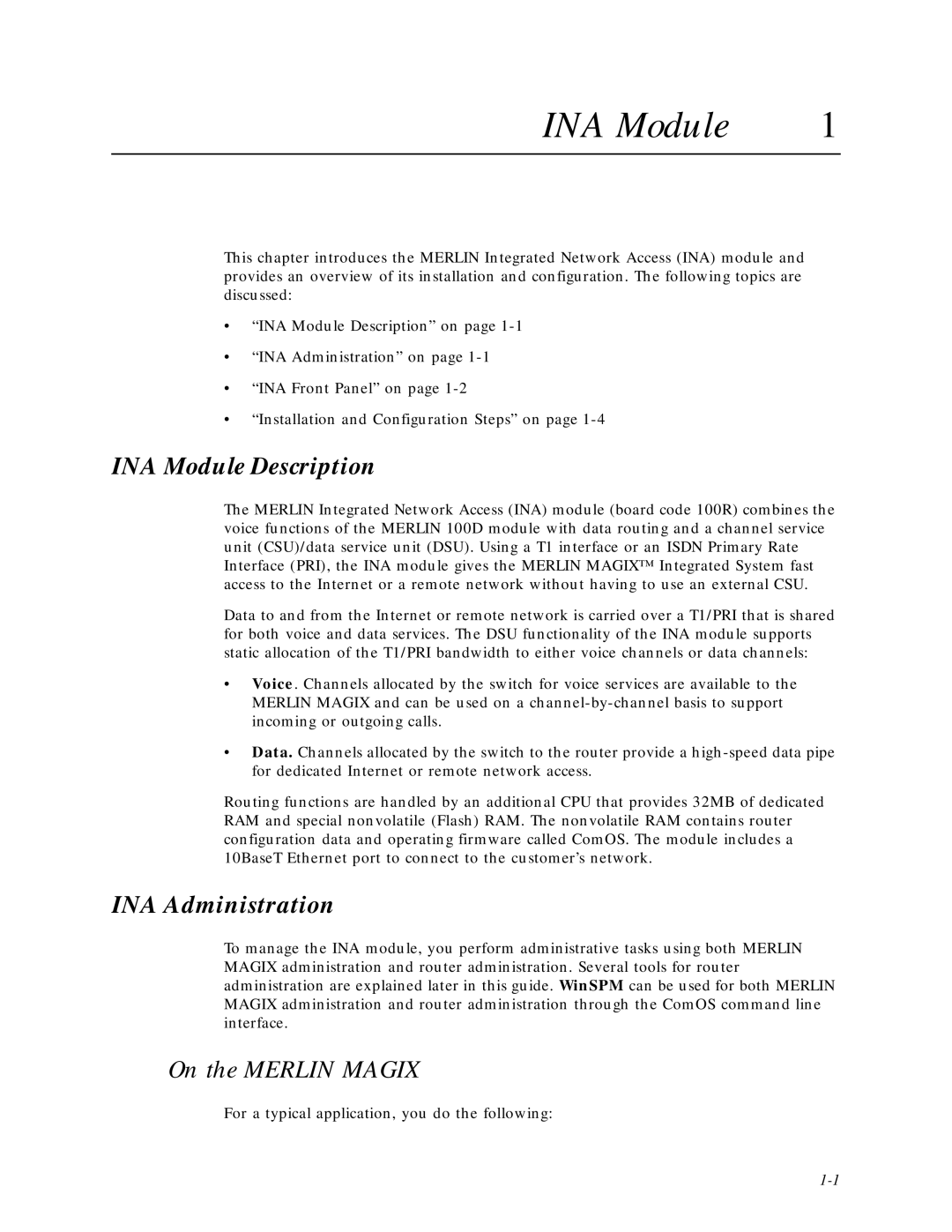 Lucent Technologies Network Access Module manual INA Module Description, INA Administration, On the Merlin Magix 