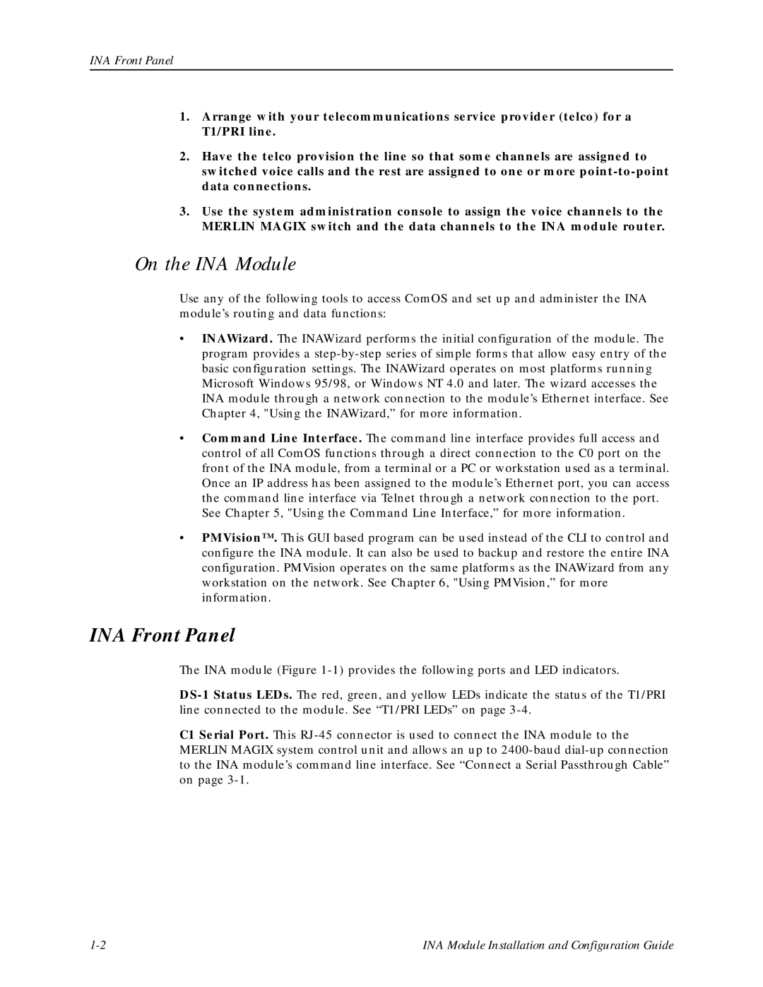 Lucent Technologies Network Access Module manual On the INA Module, INA Front Panel 