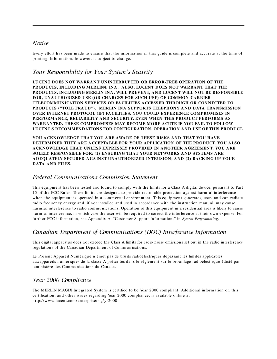 Lucent Technologies Network Access Module manual Your Responsibility for Your System’s Security, Year 2000 Compliance 