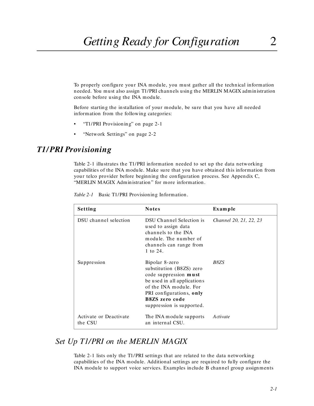 Lucent Technologies Network Access Module manual Getting Ready for Configuration, T1/PRI Provisioning, Setting Example 