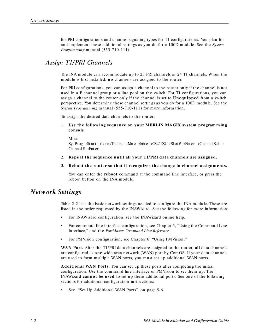 Lucent Technologies Network Access Module manual Assign T1/PRI Channels, Network Settings 