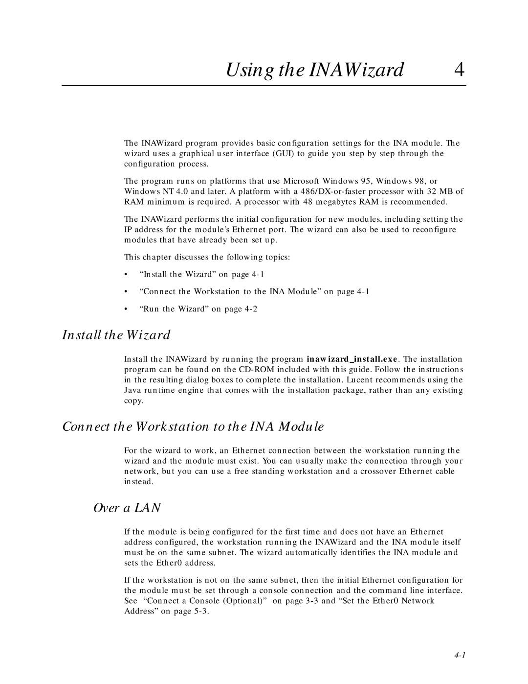 Lucent Technologies Network Access Module manual Using the INAWizard, Install the Wizard, Over a LAN 