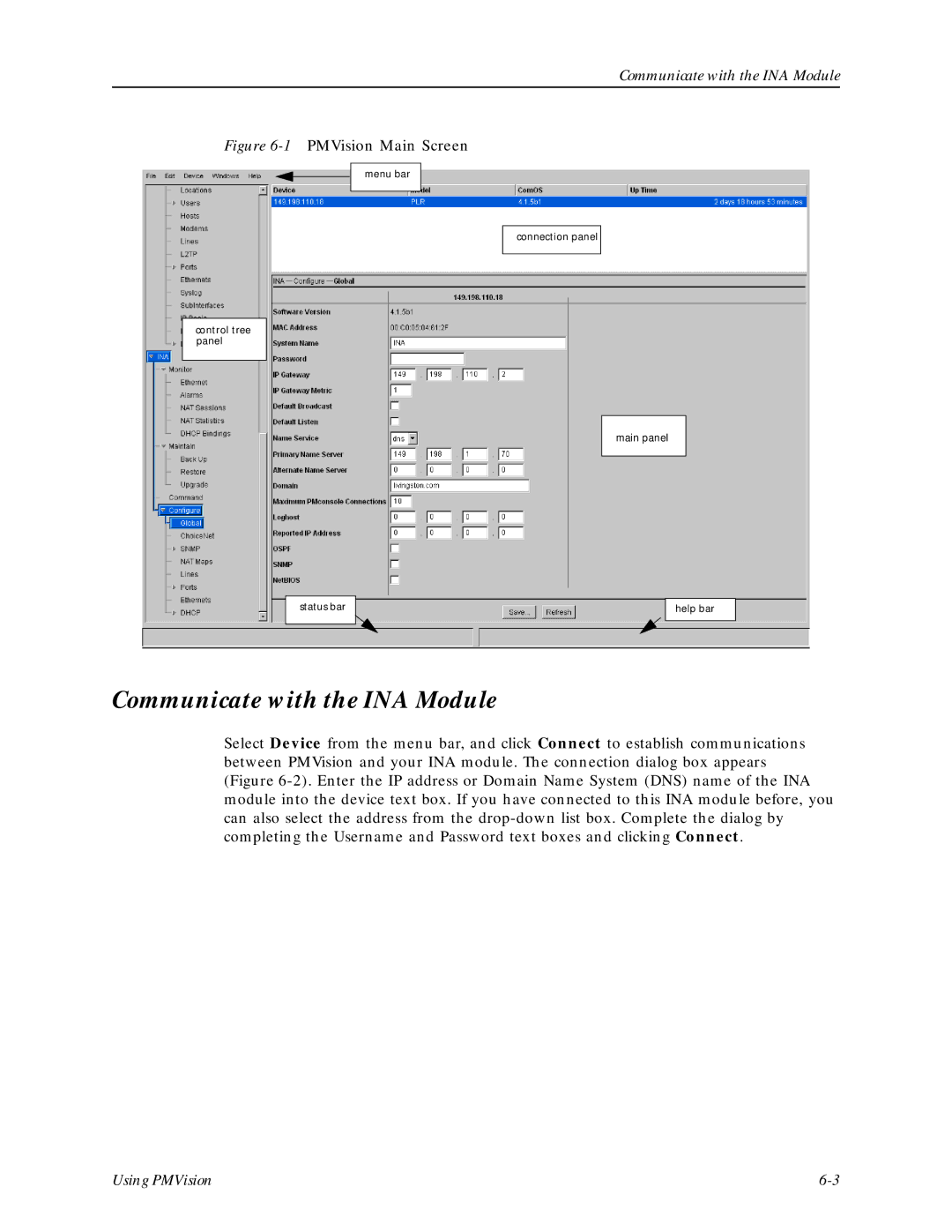 Lucent Technologies Network Access Module manual Communicate with the INA Module, Using PMVision 