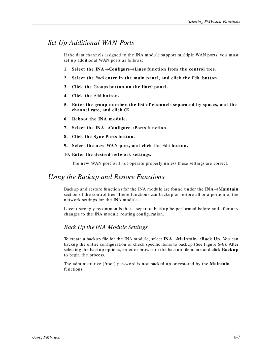 Lucent Technologies Network Access Module manual Using the Backup and Restore Functions, Back Up the INA Module Settings 