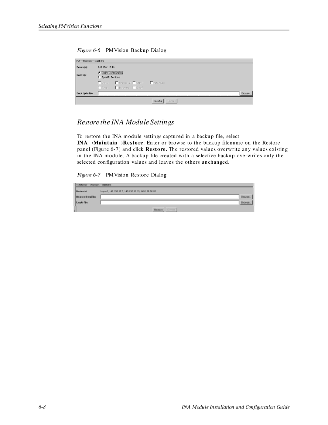 Lucent Technologies Network Access Module manual Restore the INA Module Settings, 6PMVision Backup Dialog 