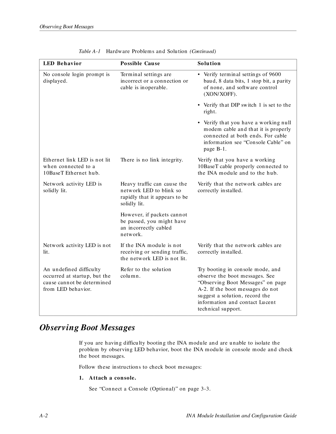 Lucent Technologies Network Access Module manual Observing Boot Messages, Attach a console 