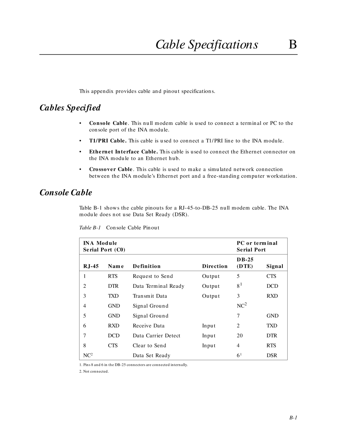 Lucent Technologies Network Access Module manual Cable Specifications, Cables Specified, Console Cable, Signal 