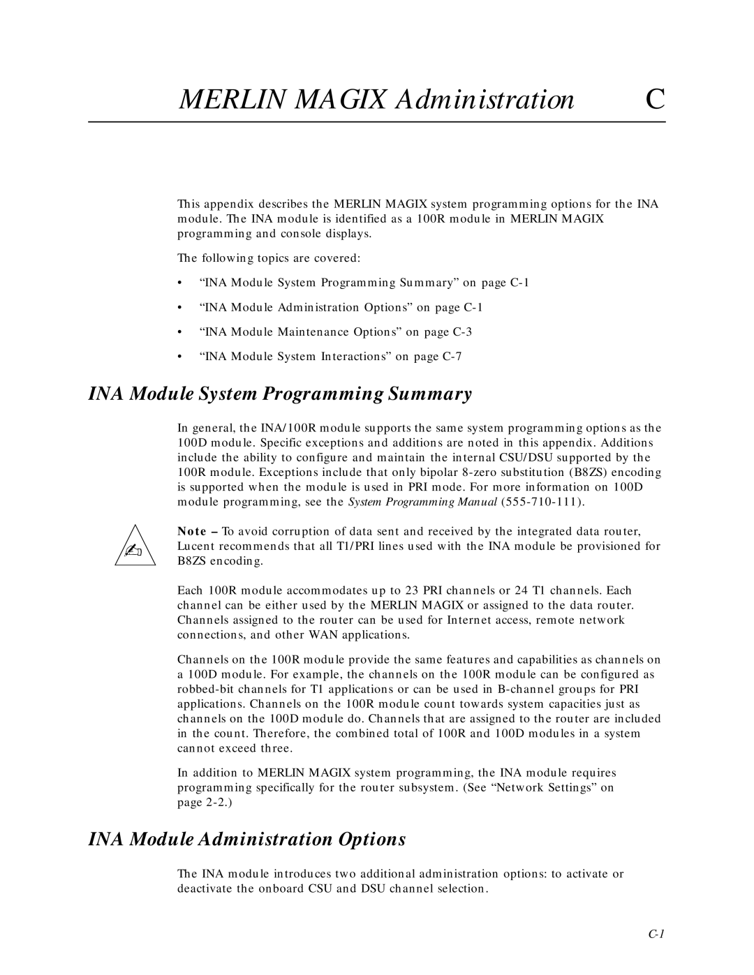 Lucent Technologies Network Access Module manual Merlin Magix Administration, INAModule System Programming Summary 