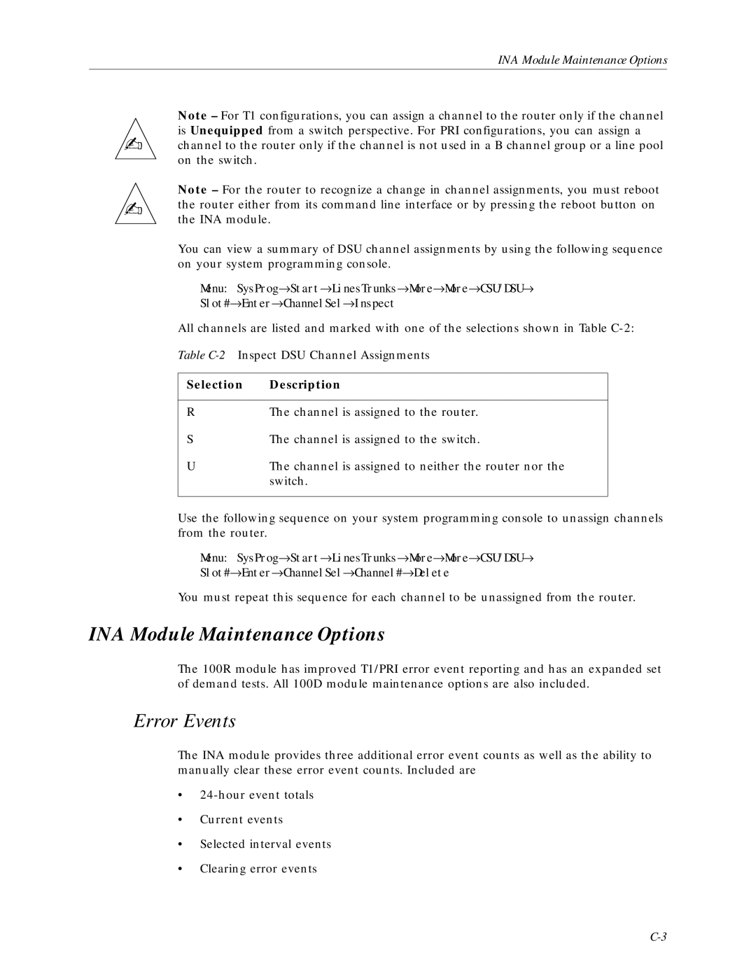 Lucent Technologies Network Access Module manual INA Module Maintenance Options, Error Events, Selection Description 