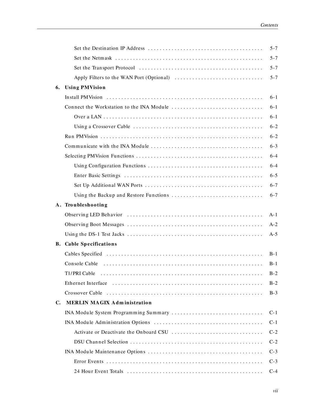 Lucent Technologies Network Access Module manual Using PMVision, Troubleshooting, Cable Specifications, Vii 