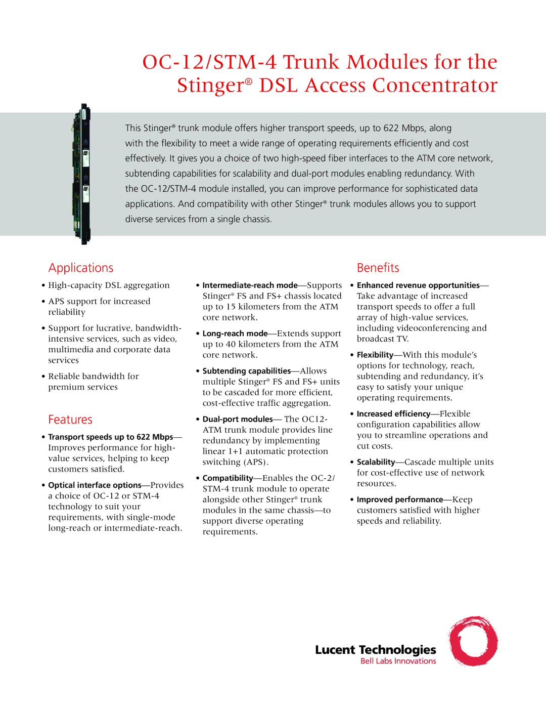 Lucent Technologies OC-12/STM-4 manual Applications, Features, Benefits, Transport speeds up to 622 Mbps 