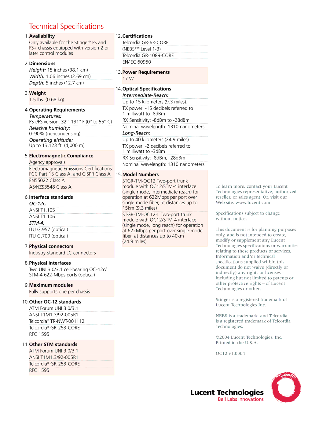 Lucent Technologies OC-12/STM-4 manual Technical Specifications 