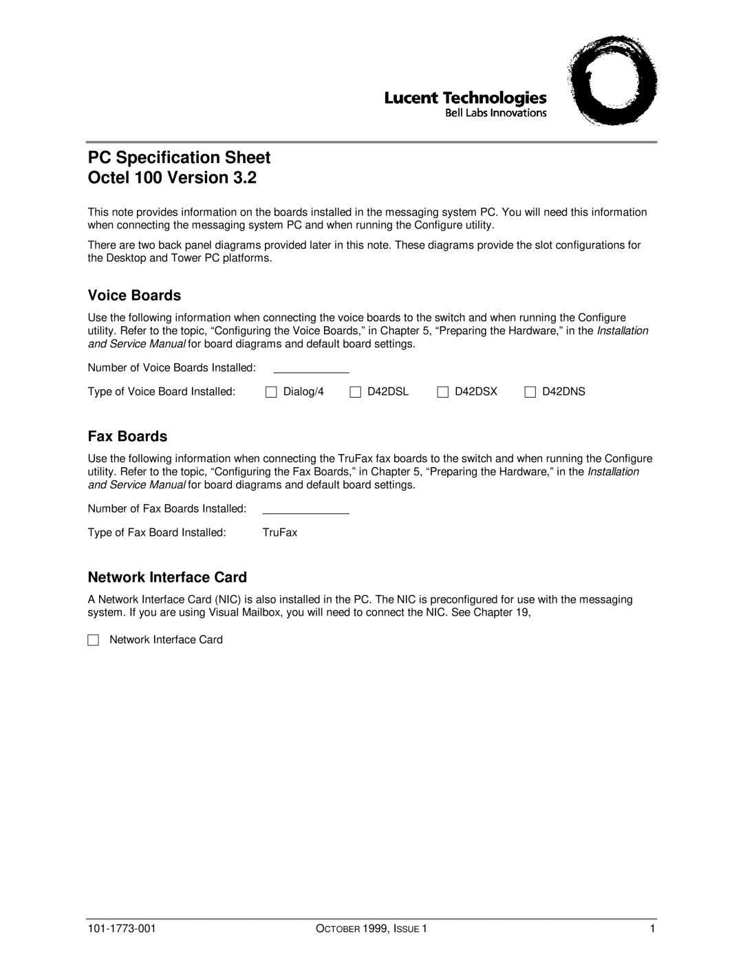 Lucent Technologies specifications PC Specification Sheet Octel 100 Version, Voice Boards, Fax Boards 