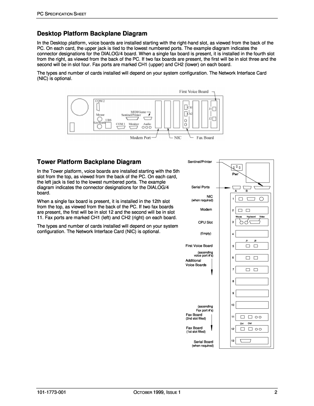 Lucent Technologies Octel 100 specifications Desktop Platform Backplane Diagram, Tower Platform Backplane Diagram 