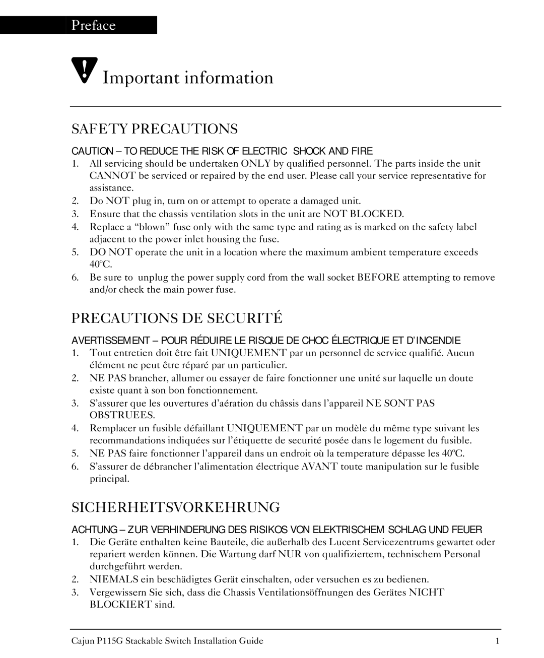 Lucent Technologies P115G manual Important information, Safety Precautions 