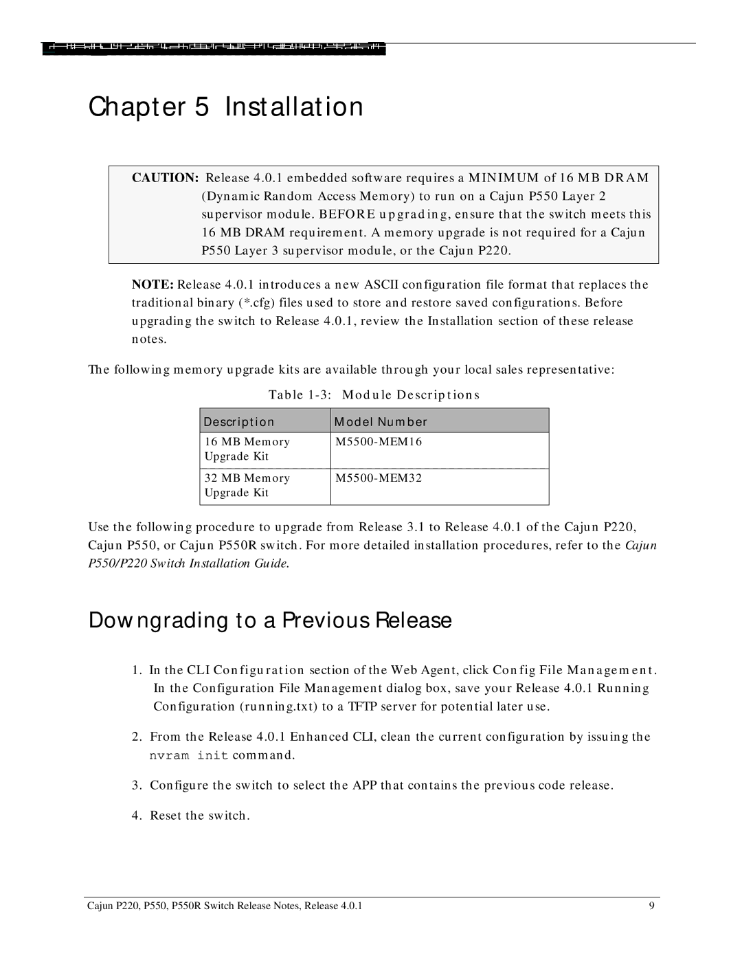 Lucent Technologies P550R, P220 manual Installation, Downgrading to a Previous Release, Module Descriptions 