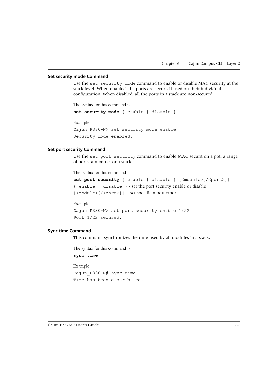 Lucent Technologies P332MF manual Set security mode Command, Set port security Command, Sync time Command 