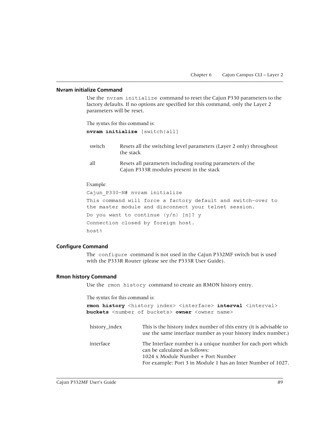 Lucent Technologies P332MF Nvram initialize Command, Nvram initialize switchall, Configure Command, Rmon history Command 