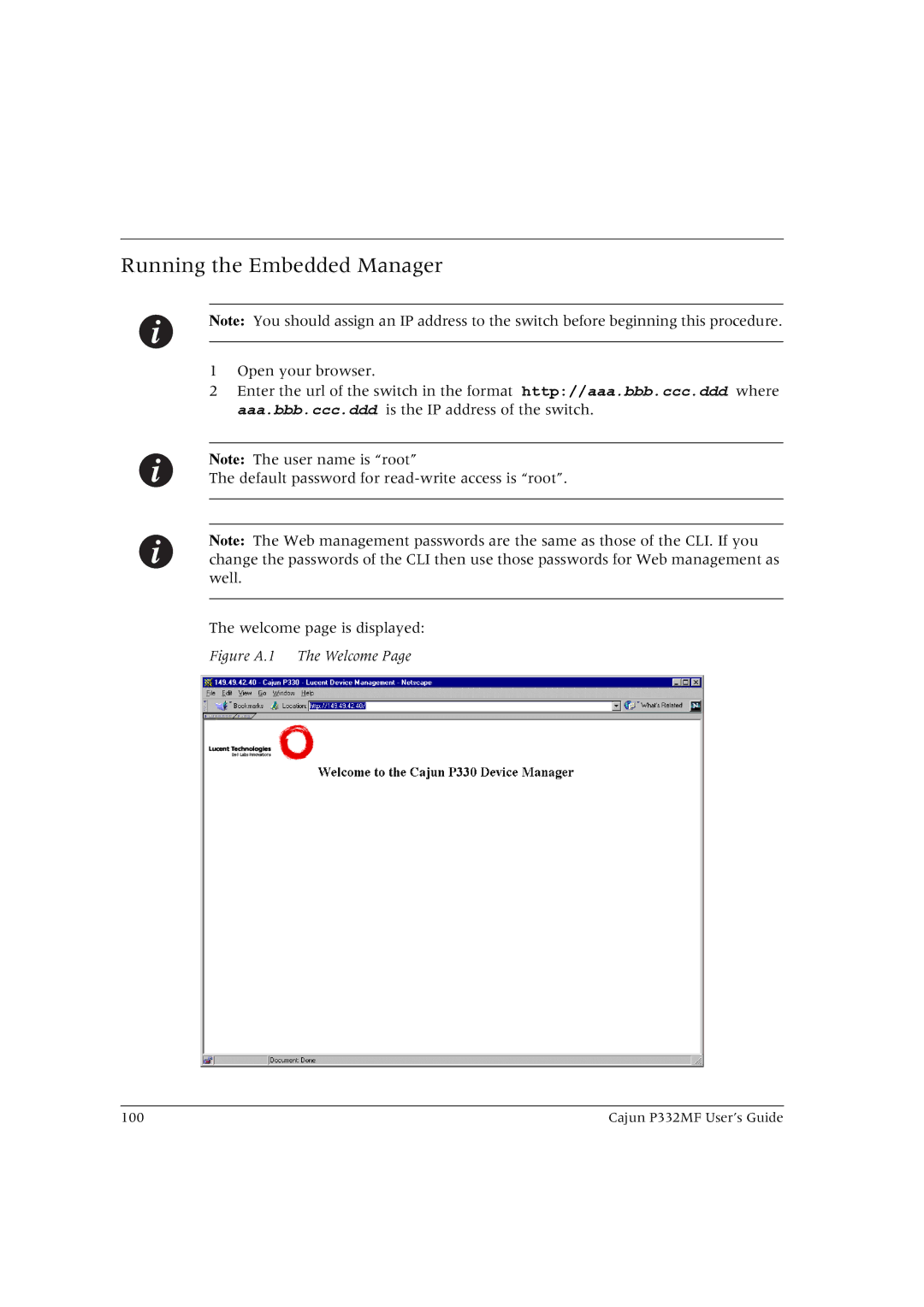 Lucent Technologies P332MF manual Running the Embedded Manager, Figure A.1 The Welcome 