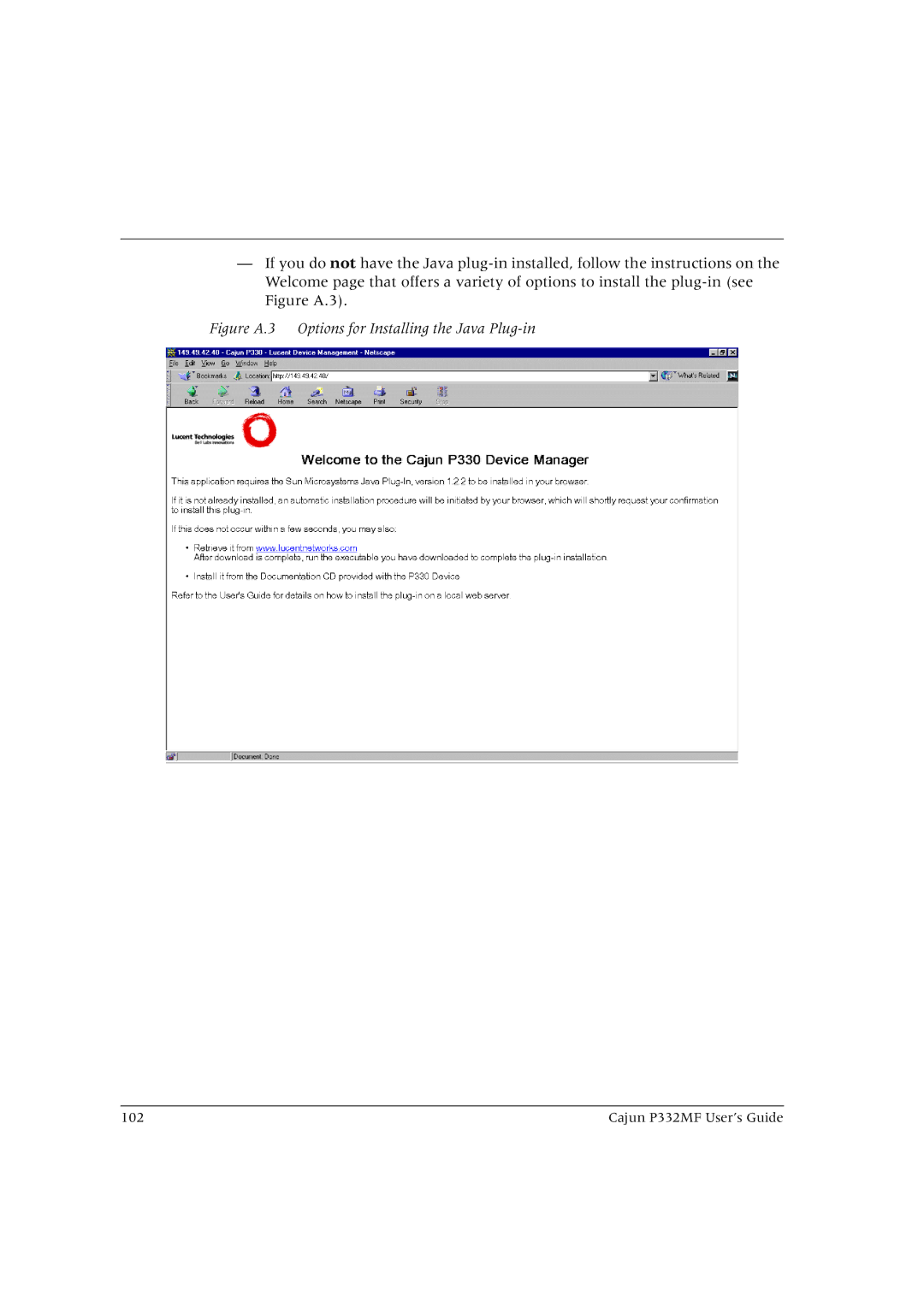 Lucent Technologies P332MF manual Figure A.3 Options for Installing the Java Plug-in 