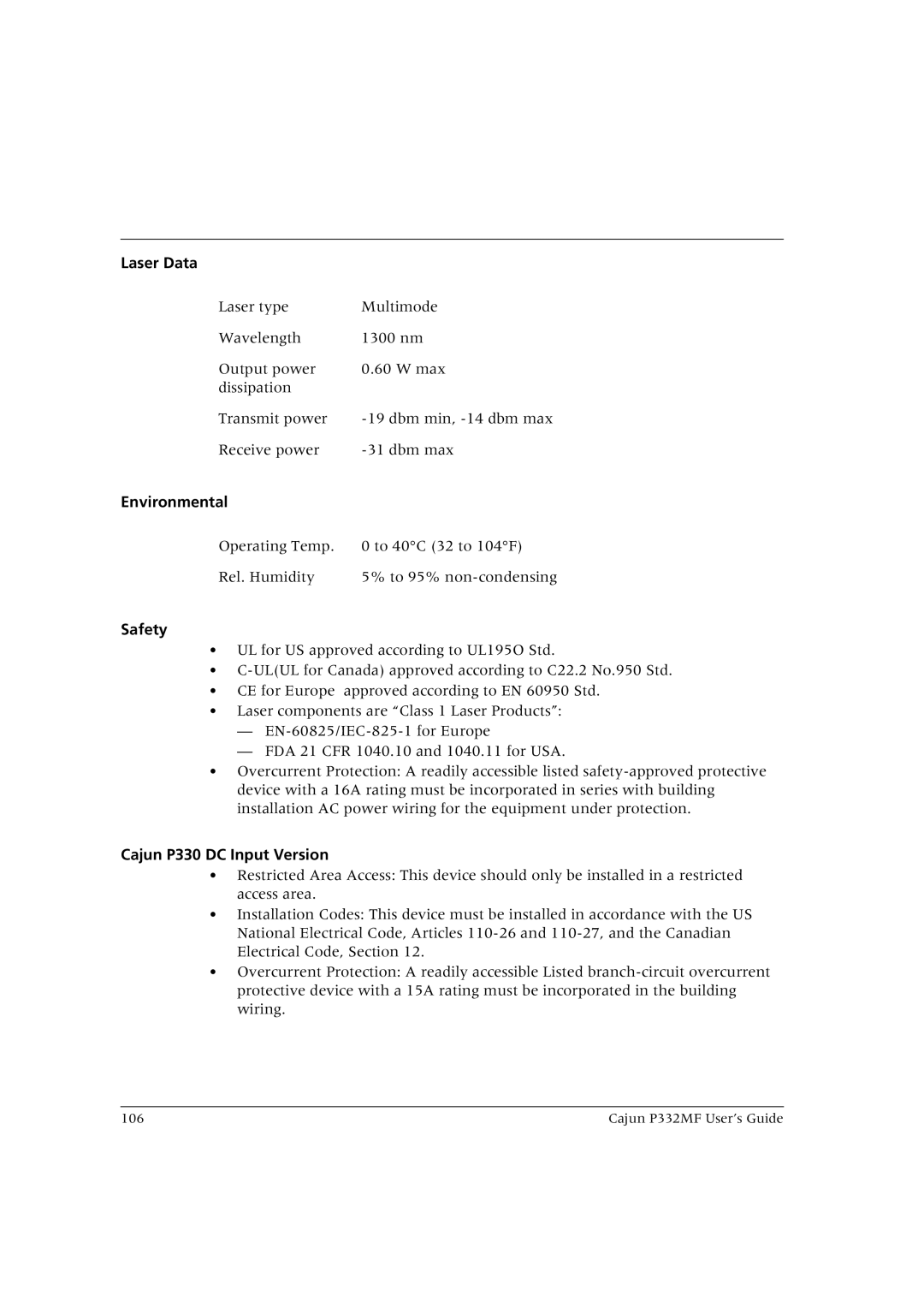 Lucent Technologies P332MF manual Laser Data, Environmental, Safety, Cajun P330 DC Input Version 