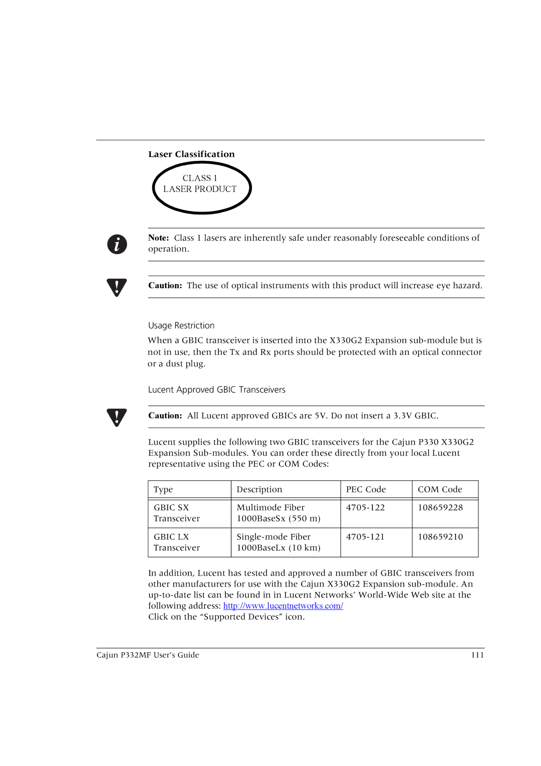 Lucent Technologies P332MF manual Laser Classification 