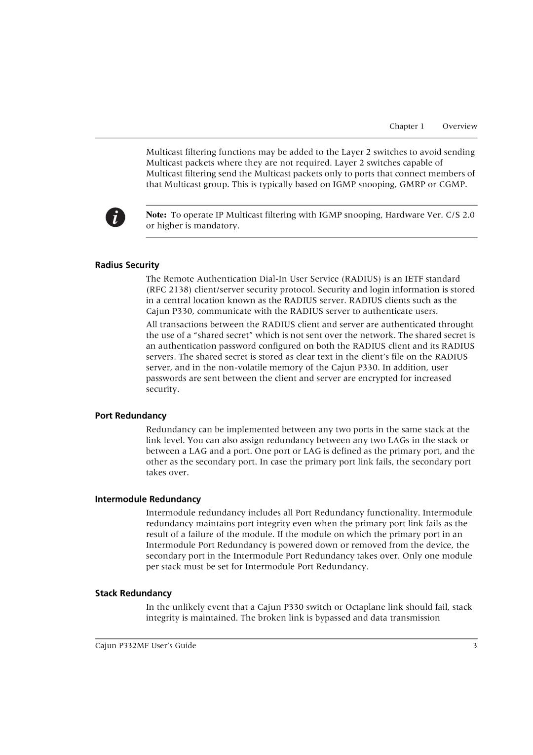 Lucent Technologies P332MF manual Radius Security, Port Redundancy, Intermodule Redundancy, Stack Redundancy 