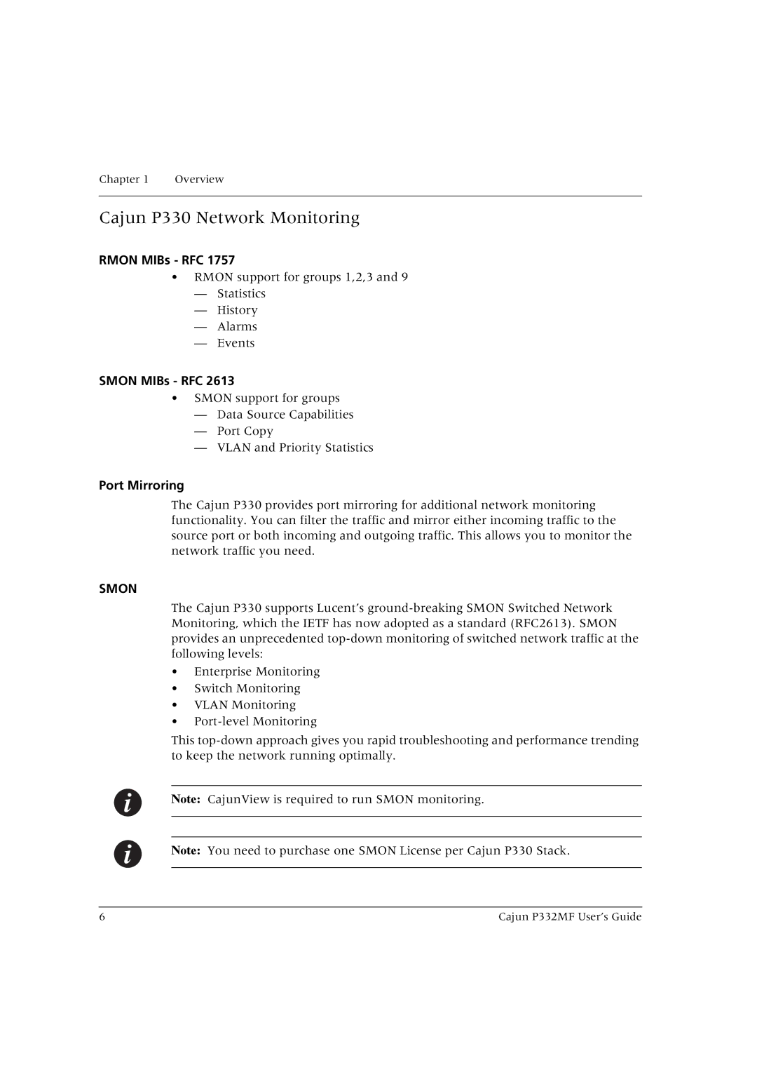 Lucent Technologies P332MF manual Cajun P330 Network Monitoring, Rmon MIBs RFC, Smon MIBs RFC, Port Mirroring 