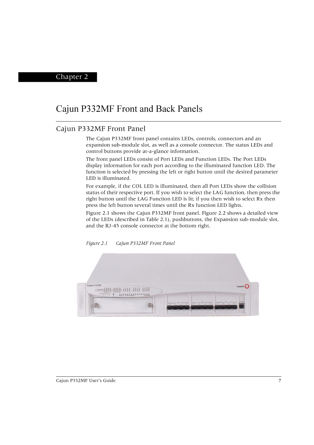 Lucent Technologies manual Cajun P332MF Front and Back Panels, Cajun P332MF Front Panel 