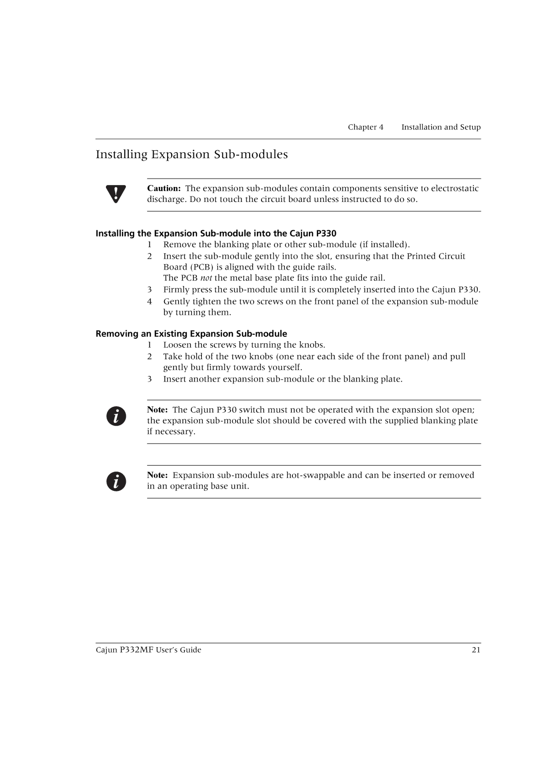 Lucent Technologies P332MF manual Installing Expansion Sub-modules, Installing the Expansion Sub-module into the Cajun P330 