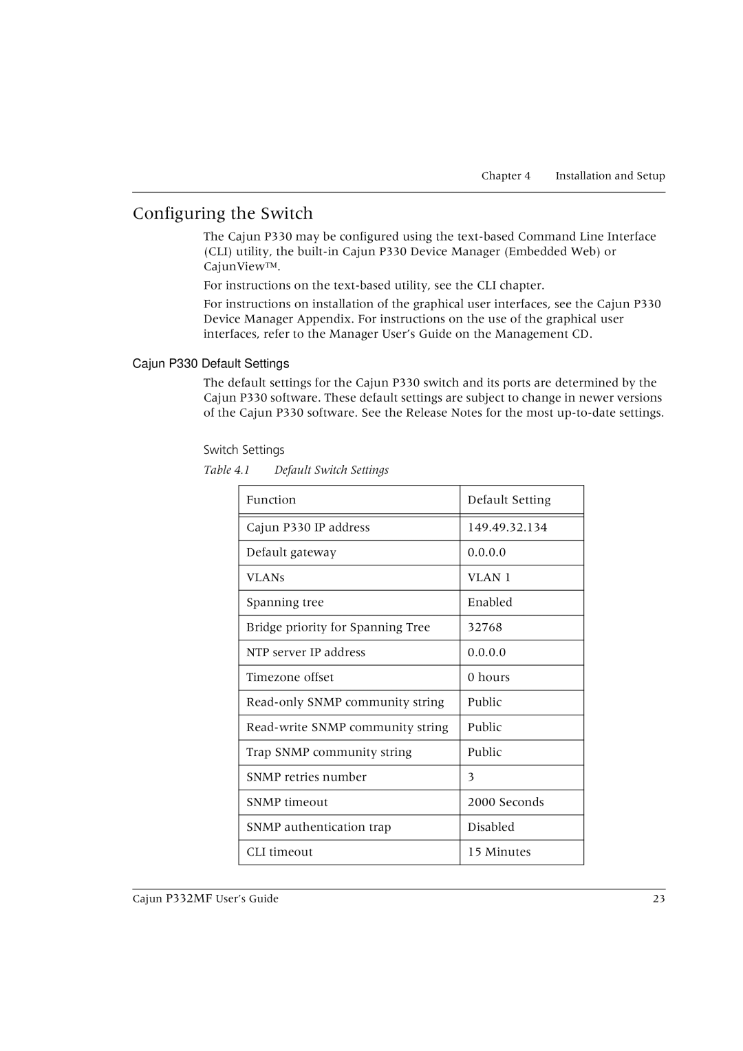 Lucent Technologies P332MF manual Configuring the Switch, Cajun P330 Default Settings 