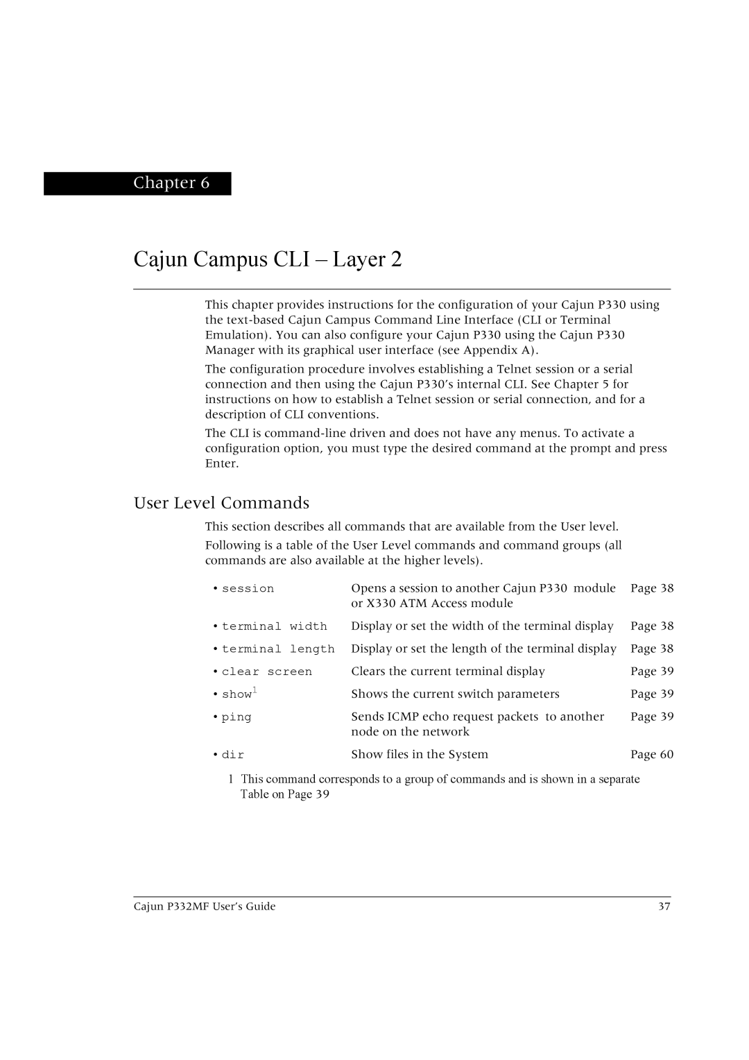 Lucent Technologies P332MF manual Cajun Campus CLI Layer, User Level Commands 