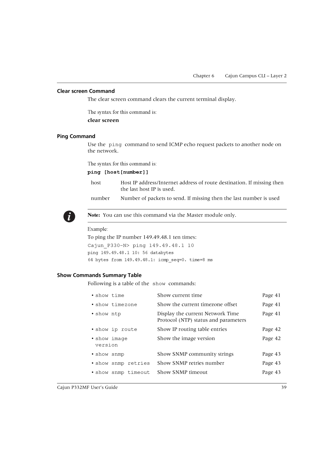 Lucent Technologies P332MF manual Clear screen Command, Ping Command, Ping hostnumber, Show Commands Summary Table 