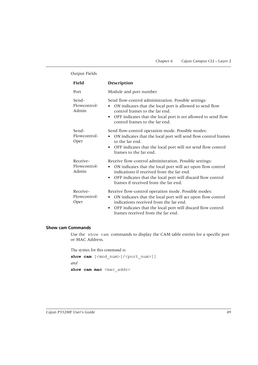 Lucent Technologies P332MF manual Show cam Commands, Show cam mac macaddr 