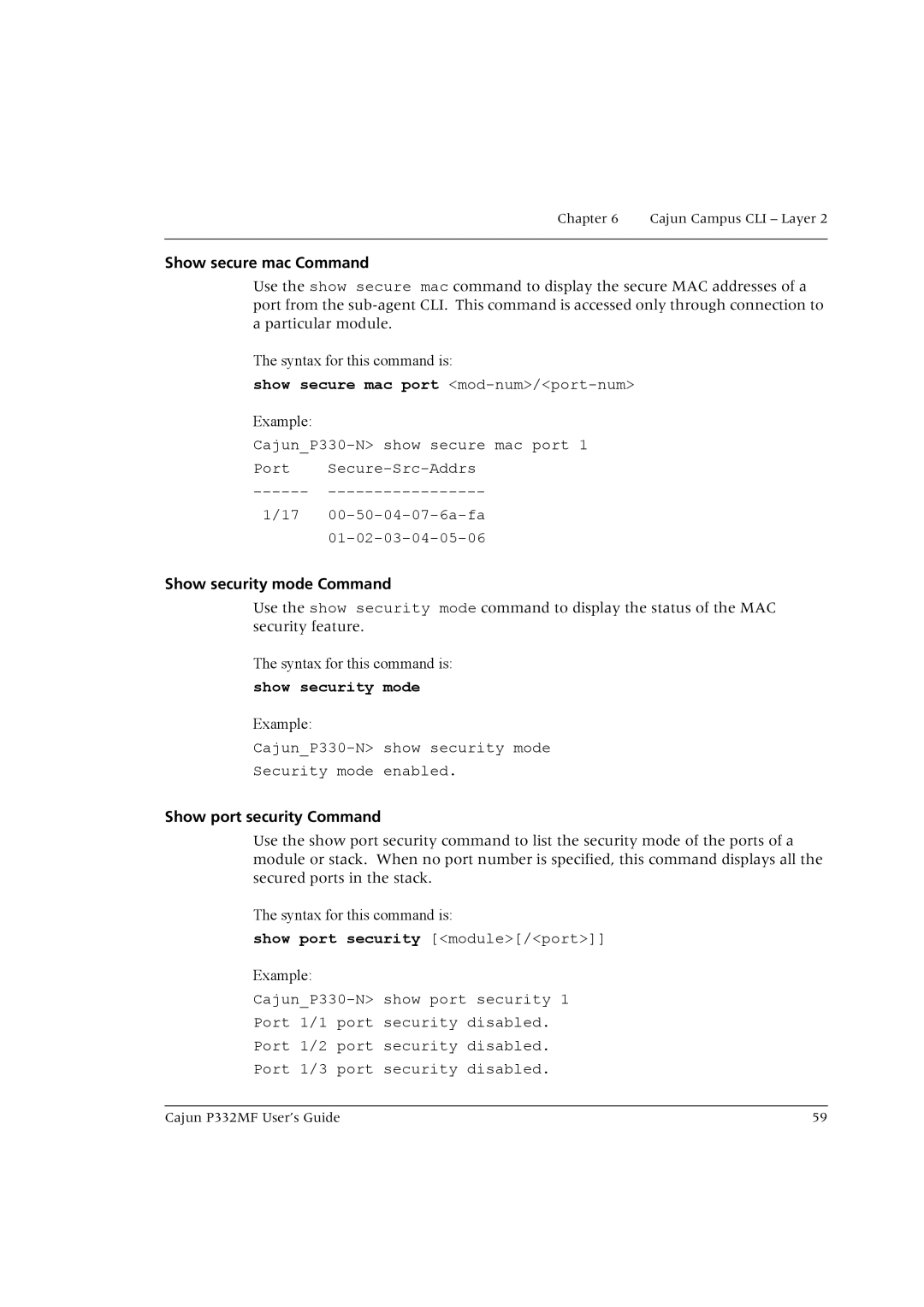 Lucent Technologies P332MF manual Show secure mac port mod-num/port-num, Show security mode, Show port security module/port 