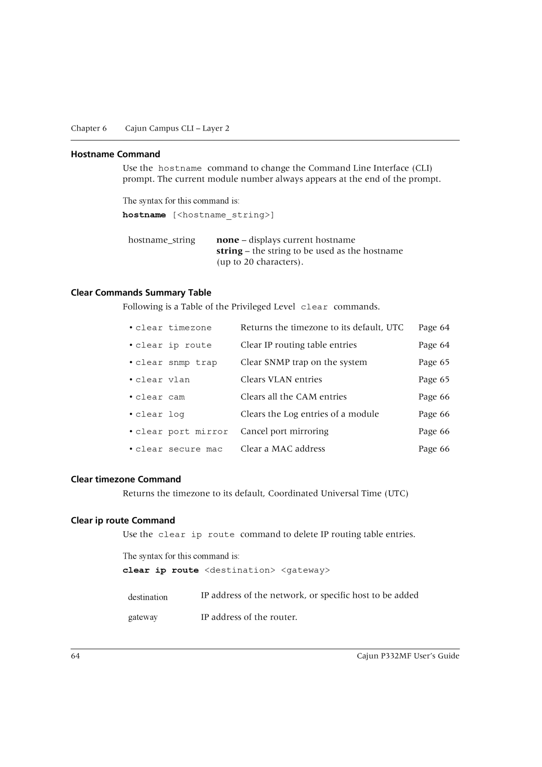 Lucent Technologies P332MF Hostname Command, Clear Commands Summary Table, Clear timezone Command, Clear ip route Command 