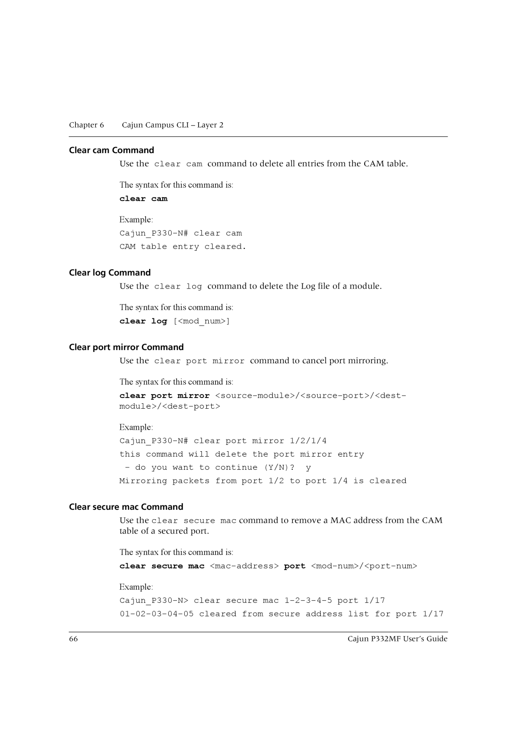 Lucent Technologies P332MF manual Clear cam Command, Clear log Command, Clear port mirror Command, Clear secure mac Command 